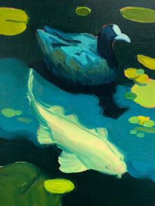 Coot and Fish, Oil on Gesso Panel, 13 x 18 cm, 2020